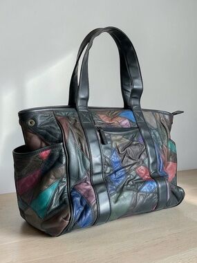 Vintage Multicolor Patchwork Leather Tote Bag - Black Trim